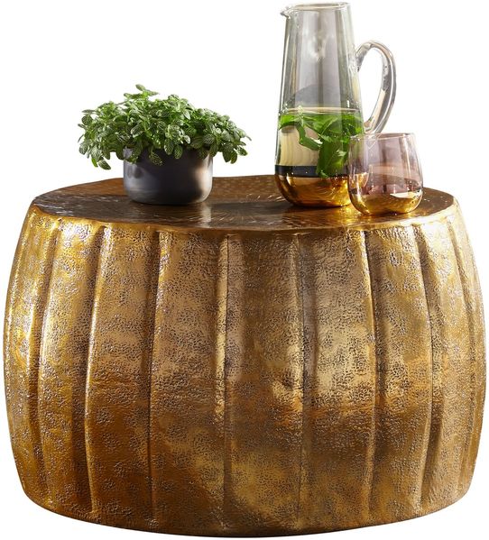 Couchtisch 60 x 36 x 60 cm Aluminium Gold Beistelltisch orientalisch rund, Flacher Sofatisch Metall, Design Wohnzimmertisch modern, Loungetisch Stubentisch klein