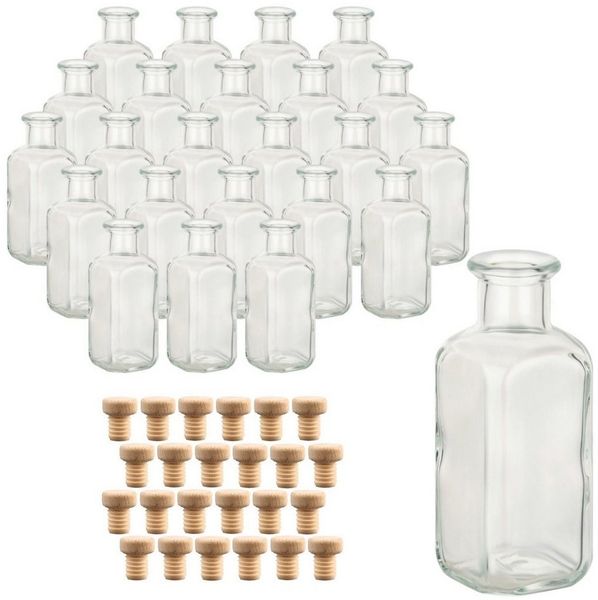 gouveo Trinkflasche Glasflaschen 100 ml Apotheker mit Korken zum Befüllen, 24er Set eckig Holzgriffkorken