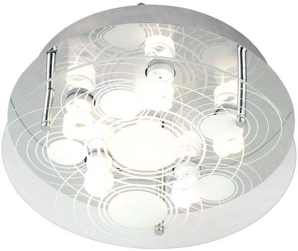 Deckenleuchte, 6-Flammig, Glas satiniert, D 33 cm