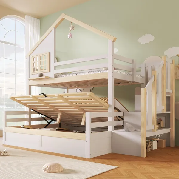 Etagenbett mit 2 Liegeflächen, Rausfallschutz, Stauraum und Lattenrosten, Treppe mit Regal, 90x200 cm/140x200 cm, Kinderbett, Stauraumbett, Kiefer
