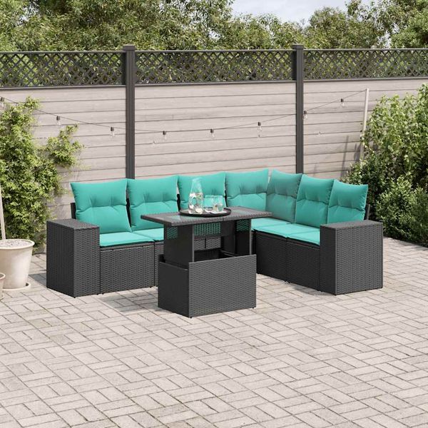 vidaXL 7-teiliges Gartensofa-Set mit Kissen, schwarzes Polyrattan 3269187