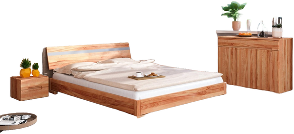 Bett Bento 12 Sonderlänge 180x190 Kernbuche massiv Holzkopfteil und Holzbeine