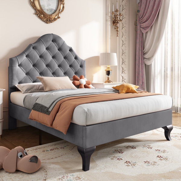 Polsterbett 203*90*118-124cm mit höhenverstellbarem Kopfteil, attenrost und Samtbezug,Grau