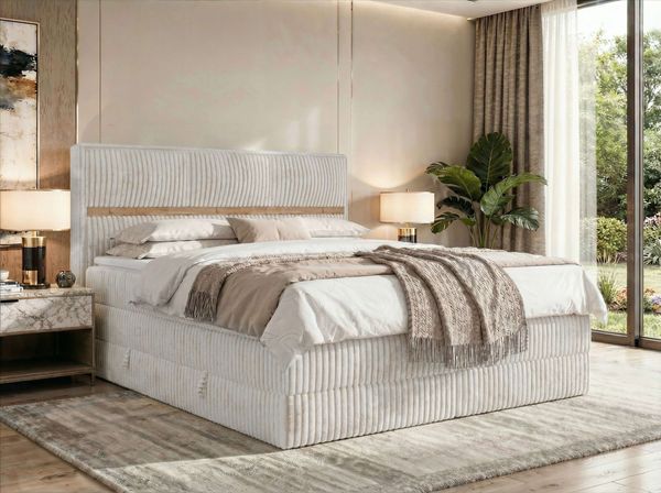 Doppelbett Boxspringbett ORVO KING 160x200 cm mit Stauraum, Multipocket-Matratze und Pocket 7 Härtezonen, H4, zwei Bettkästen - Topper Visco - Beige Cord