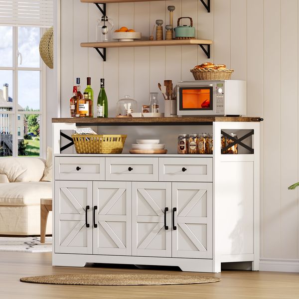 Sideboard 140x35x95 cm in Braun/Weiß mit 3 Schubladen, 2 Türen und offenem Stauraum
