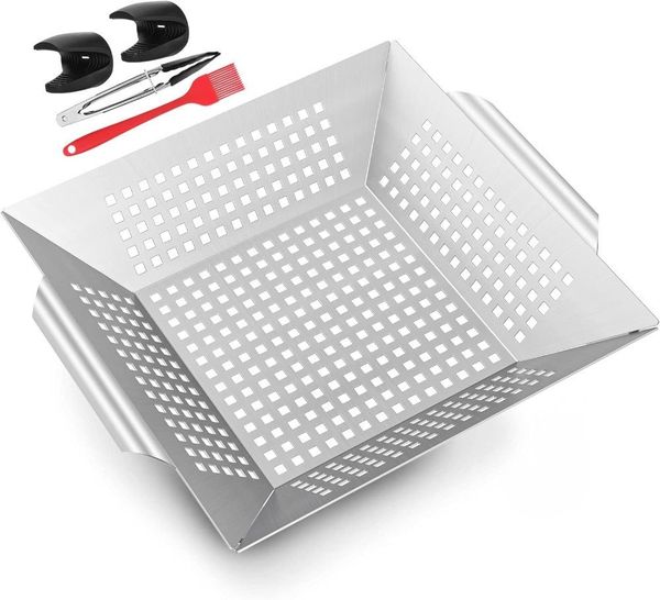 LA CUTE Grillschale Edelstahl Grillkorb Gemüsekorb Set mit Griff & Zubehör BBQ, (BBQ Grillkorb-Set, BBQ Grillkorb mit Zange und Backpinsel), Praktisches Lochdesign gleichmäßige Hitzeverteilung und sicheren Halt