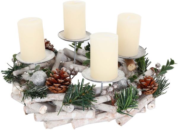 Adventskranz HWC-M12, Adventsgesteck Tischkranz Weihnachtsdeko Tischdeko Holz silber weiß Ø 30cm ~ mit Kerzen