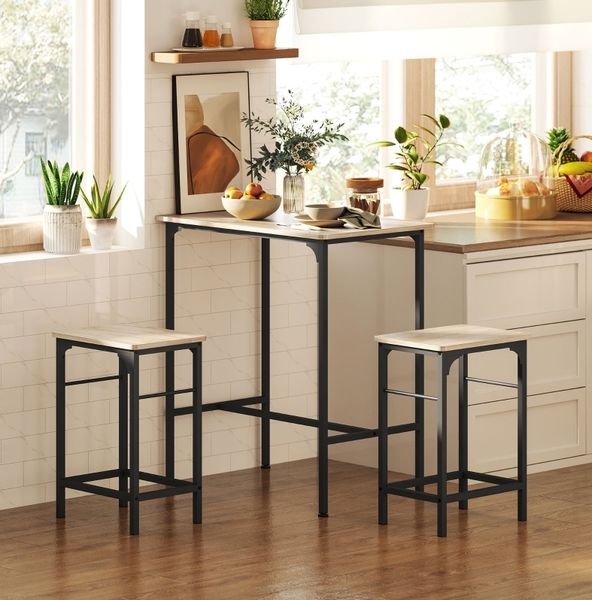 Bartisch-Set 80 x 50 x 87 cm mit 2 Hockern – Holzoptik und schwarzem Stahlrahmen