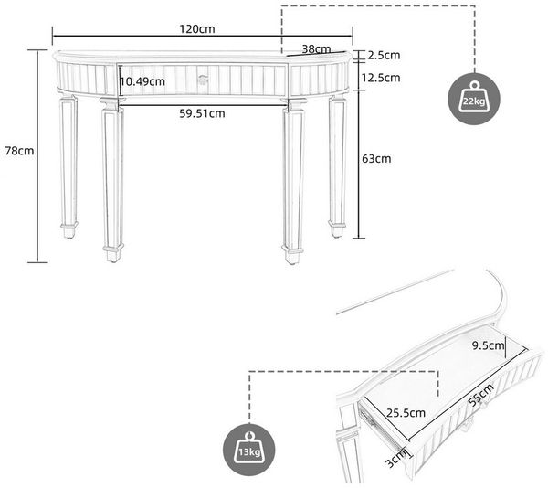 Celya Schminktisch 120 cm langer, halbmondförmiger Spiegelkonsolentisch (luxuriöser Sofatisch, Grau+Silber, moderner Schminktisch für Schlafzimmer, Ankleidezimmer, Wohnzimmer), mit geriffelter Glasplatte und Kristallknopfschublade