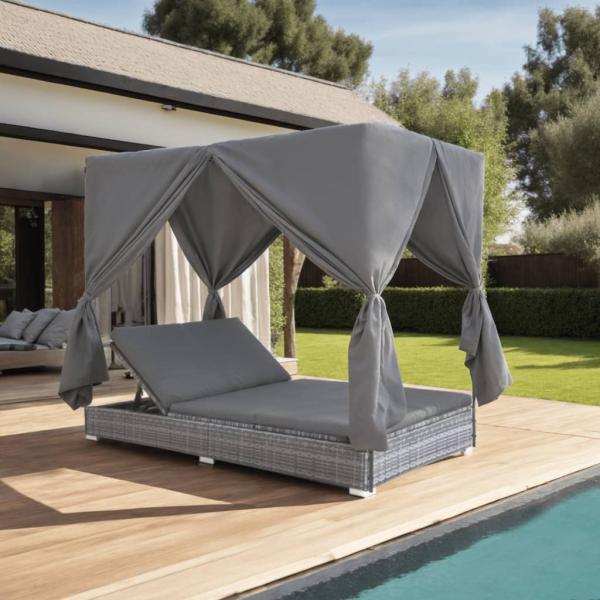 vidaXL Outdoor-Lounge-Bett mit Vorhängen Poly Rattan Grau 45647