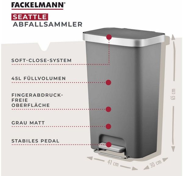 FACKELMANN Mülleimer SEATTLE, Pedal-Abfalleimer 45L, stilvoller Mülleimer mit Soft-Close System & robustem Pedal