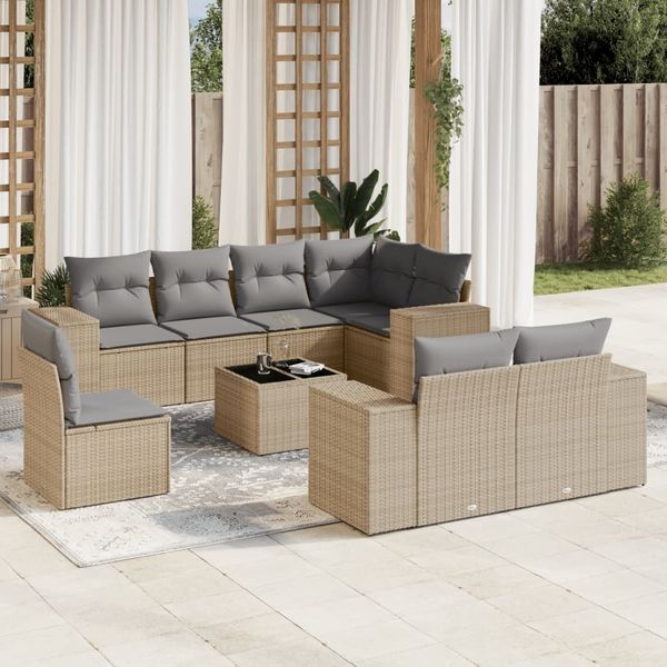 vidaXL 9-tlg. Garten-Sofagarnitur mit Kissen Beige Poly Rattan 3222848