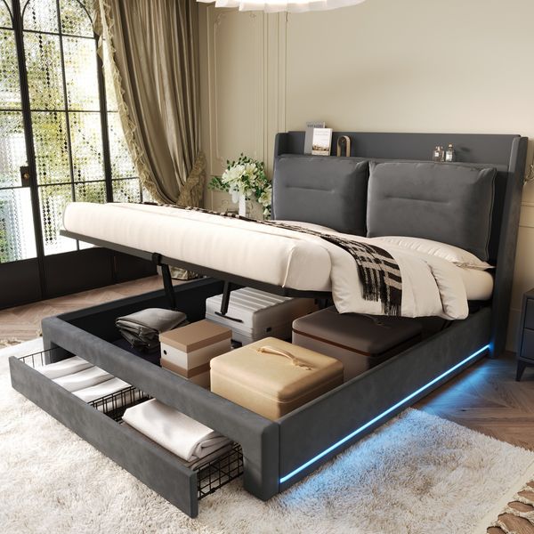 Merax Doppelbett, Polsterbett mit LED-Beleuchtung, 140 x 190 cm, 2-in-1-Schubladen am Fußende, Matratze nicht enthalten, Samt, Grau