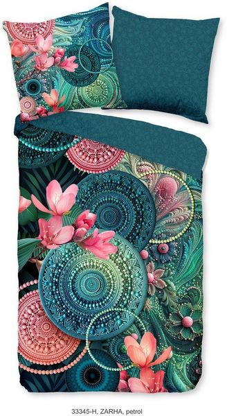 hip Wendebettwäsche Zahra, Mako-Satin, Renforcé, Satin, 2 teilig, Satin, Reißverschluss, Wendeoptik, Mandala, Blume, Petrol