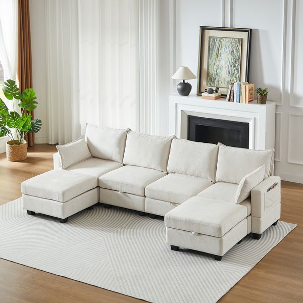 6-Sitzer Wohnlandschaft H 87.6 x T 289.6 x B 141 cm aus Chenille mit Schlaffunktion, Stauraum und modularem Aufbau