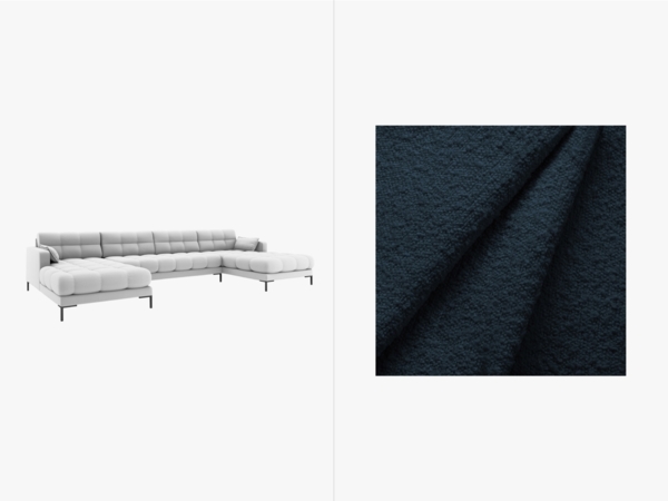 Micadoni Panorama-Sofa Mamaia 6-Sitzer Boucle Baloo Dunkelblau schwarze Beine