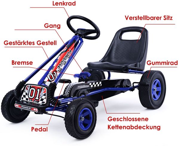Pedal Gokart Racing Kinderauto Pedalfahrzeug Tretauto Gocart Sitzaußen-blau