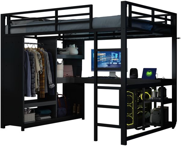 Metall-Gaming-Hochbett 140x200 cm mit LED-Beleuchtung, Schreibtisch, offenem Kleiderschrank und Ablagefächern, Schwarz