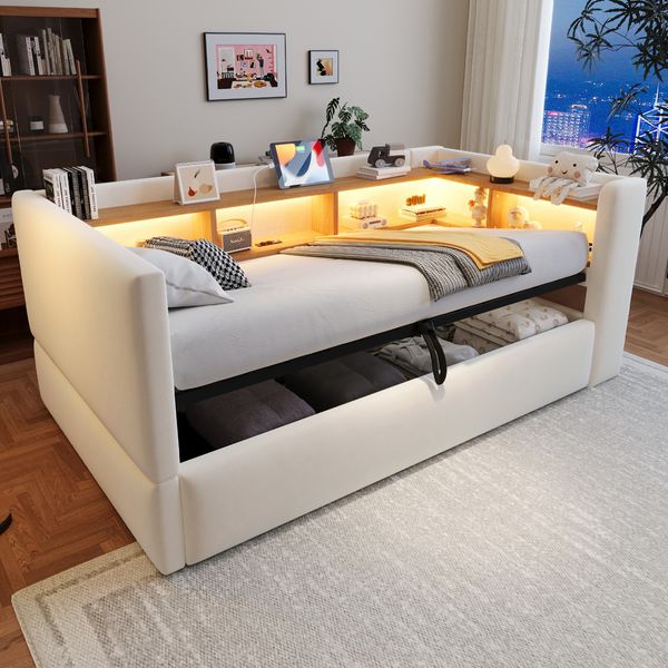 Merax Polsterbett, Einzelbett, 90*190cm Hydraulisches Schlafsofa, Ausgestattet mit LED Leuchten, Steckdosen und vielen Ablagefächern, Beige