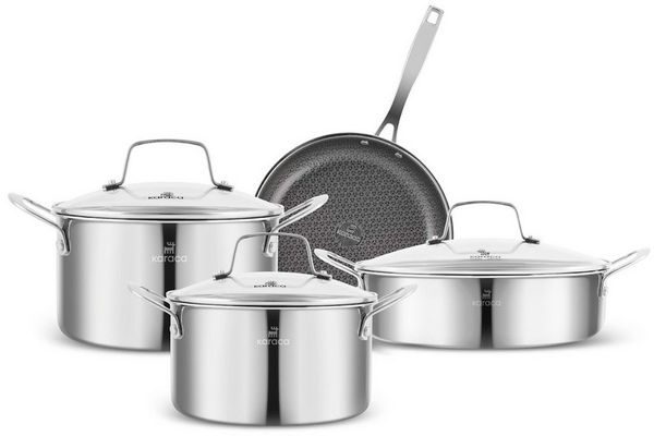 Karaca Pfannen-Set Karaca Ceramica Steel 3Ply Edelstahl Kochgeschirr Kochtopf Set, Edelstahl Rostfrei Bratentopf Fleischtopf Stieltopf