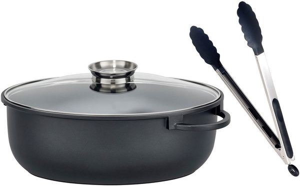 Elo Bräter Alucast Alugussbräter oval 38 cm inkl. Servierzange, Aluminiumguss (1-tlg, 1 Bräter mit Glasdeckel, 1 Servierzange), Induktion, Aromaknopf, Kochzange