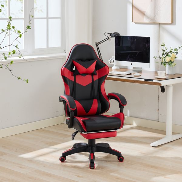 360°-Drehbare Ergonomische Rennsport-Design-Gaming-Stuhl Leder Hochlehnsbürostuhl,Höhenverstellbarer Arbeitsstuhl mit Fußstütze Kopfstütze und Lendenstütze für Büro und Gaming,Leder,Schwarz&Rot,