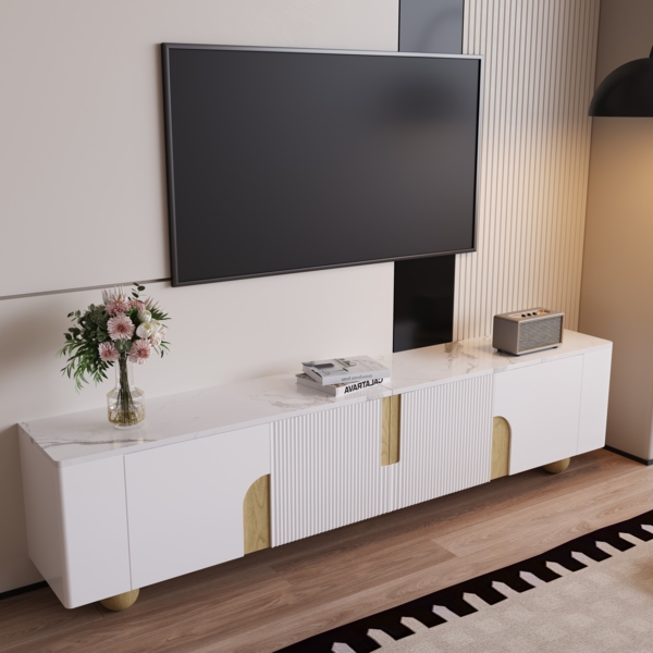 Weißer TV-Schrank , 4 Türen, elegantes Design,180×40×44 cm, Weiß und Holzfarbe,modernes Design, viel Stauraum Bild 3