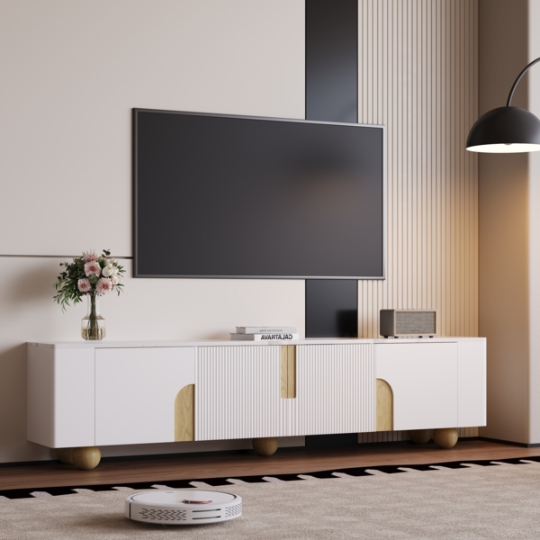 Weißer TV-Schrank , 4 Türen, elegantes Design,180×40×44 cm, Weiß und Holzfarbe,modernes Design, viel Stauraum Bild 2