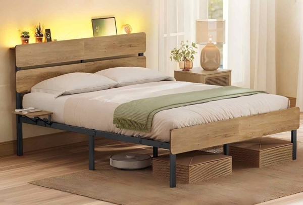 VASAGLE Einzelbettgestell, Bett, 140 x 200 cm, Metallrahmen, LED-Beleuchtung, USB-A- und USB-C-Anschluss, Unterbettaufbewahrung, Industrie-Stil, einfache Montage