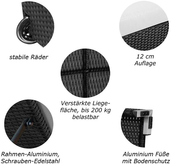 Sonnenliege Verona High mit Rollen und Auflage Creme-Weiss, Farbe Schwarz Bild 3