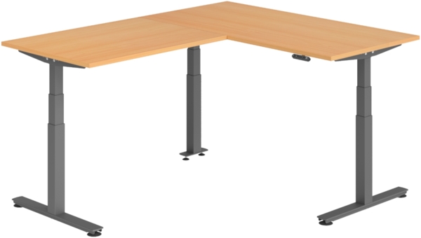bümö Eckschreibtisch elektrisch höhenverstellbar L-Form: 160 x 200 cm in Buche, Gestell graphit - Stehschreibtisch mit Memory-Steuerung, elektrischer XXL Schreibtisch für die Ecke, XDSMW-1612-6-G