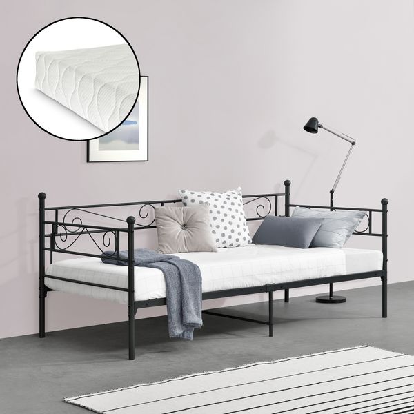 en.casa 'Kerava' Metallbett mit Kaltschaummatratze, Schwarz, 90x200 cm