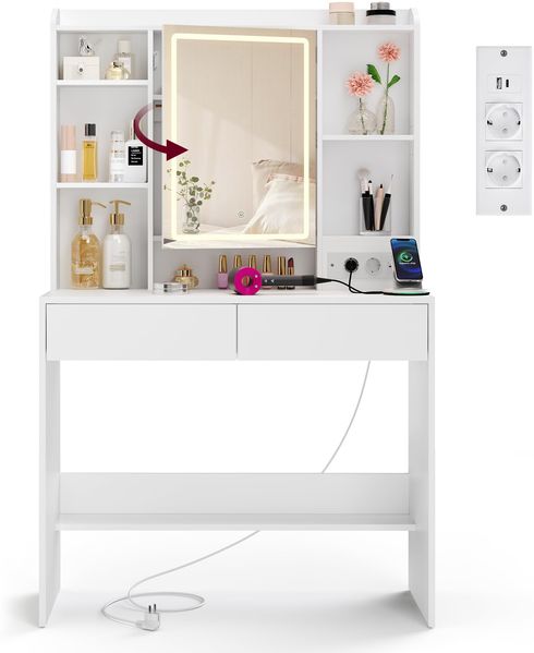 VASAGLE Kailyn Collection – Schminktisch mit LED-Spiegel, 3 Farben, Helligkeit verstellbar, Mehrfachsteckdose, Schminktisch, groß, verstellbar, 2 Schubladen, modern, Weiß RDT143WB01
