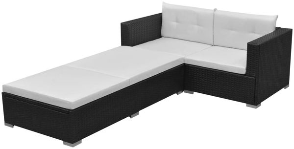 vidaXL 3-tlg. Garten-Lounge-Set mit Auflagen Poly Rattan Schwarz 42748