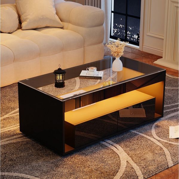 Merax Couchtisch Sofatisch Beistelltisch mit LED-Beleuchtung und Glasplatte (1-St, 100*50*40cm), Wohnzimmertisch Satztisch mit Hochglanz-Schubladen und Fernbedienung