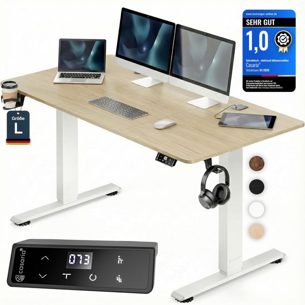 Casaria® Höhenverstellbarer Schreibtisch elektrisch 140x70 cm mit Wireless Charger & USB-C/A Anschluss LCD-Display Memory-Funktion 80 kg belastbar ergonomisch Beige