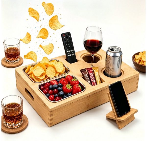 Zedelmaier Servierplatte Snackbox aus Bambus, FIFA World Cup Couchbar, Kaffeebar, Sofatablett, Bambus, mit 2 Snackschalen, 2 Getränkehaltern mit Untersetzer, Handyhalterung