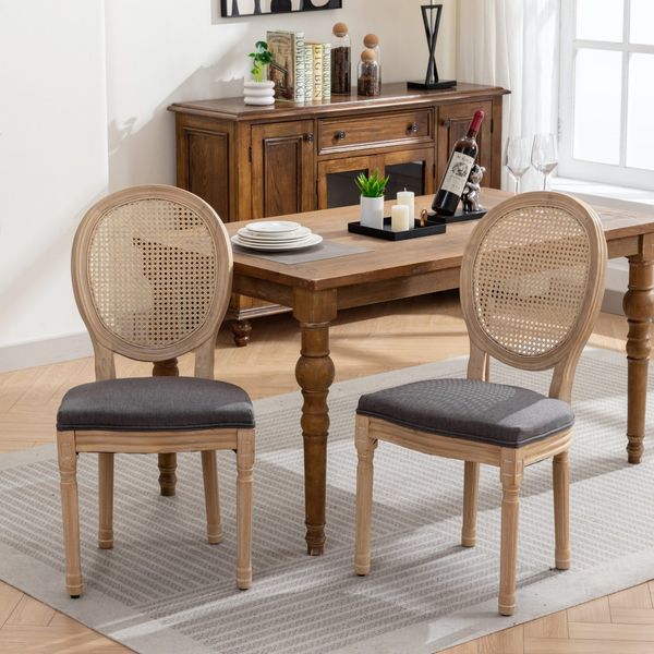 Esszimmerstuhl im französischen Stil mit Rattanlehne in Grau, Leinen, 59,5 x 49 x 95 cm