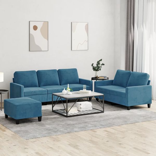vidaXL 3-tlg. Sofagarnitur mit Kissen Blau Samt 3201535