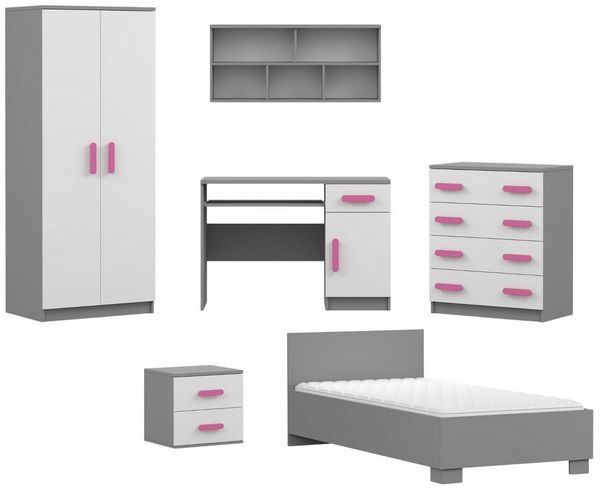 Deine Möbel 24 Jugendzimmer-Set INGE Jugendzimmer Jugendmöbel Kinderzimmer komplett 6-teilig, (Kindermöbel aus Laminatplatte, 6-tlg, Bett, Nachttisch, Schreibtisch, Hängeregal, Kleiderschrank, Kommode), Kinderzimmer Set Weiß Griffe Rosa Blau Grün Grau ...