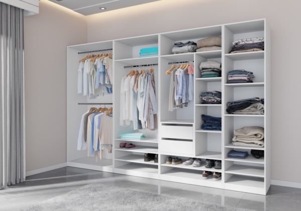 Marmex Möbel TRES SET B(B) Garderobenschrank-Set für Kleidung, Schuhe, offener Kleiderschrank mit Regalsystem, laminierte Spanplatte, weiß, 320x206x51 cm