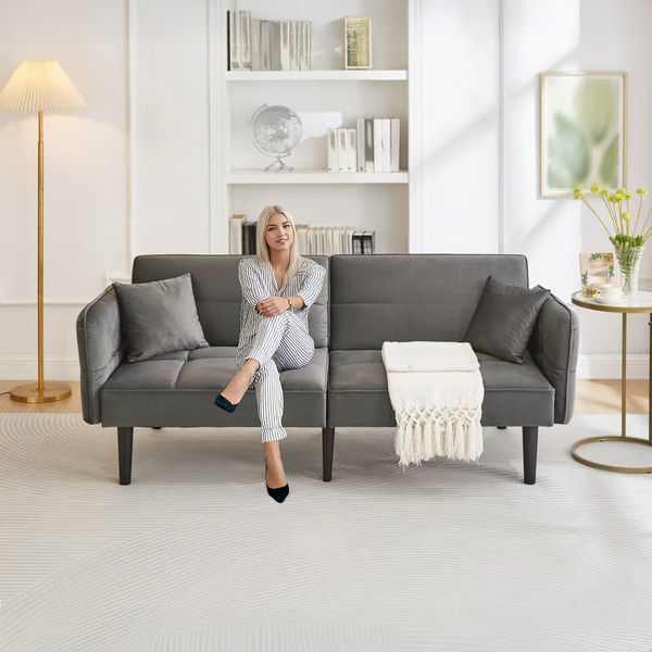 Schlafsofa, Samt mit Schlaffunktion & verstellbaren Rückenlehnen, AntikGrau