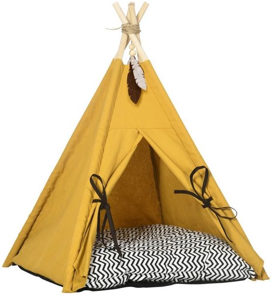 PawHut Tierbett mit abnehmbar und waschbar Kissen, rutschfestem Boden, Spielball, Oxfordstoff, für Katzen unter 5kg, Mini Hunde, 60 x 60 x 76 cm, Gelb