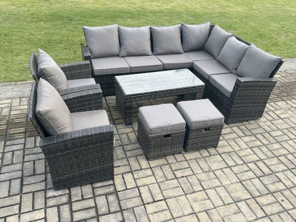 Fimous Rattan Ecksofa Gartenmöbel Set mit 2 kleine Fußhockern Rechteckiger Couchtisch 2 Sesseln mit Kissen Dunkelgrau gemischt