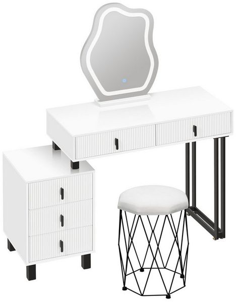 Woltu Schminktisch, mit Spiegel in Wolkenform mit LED-Licht, 5 Massivholz-Schubladen