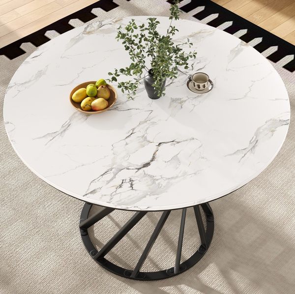 Runder Esstisch 80×80×76 cm, Weiß-Schwarz Esszimmertisch mit Metallbeinen, platzsparender Küchentisch für kleine Räume, 76cmx80cmx80cm