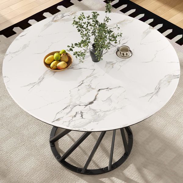 Runder Esstisch 80×80×76 cm, Weiß-Schwarz Esszimmertisch mit Metallbeinen, platzsparender Küchentisch für kleine Räume, 76cmx80cmx80cm