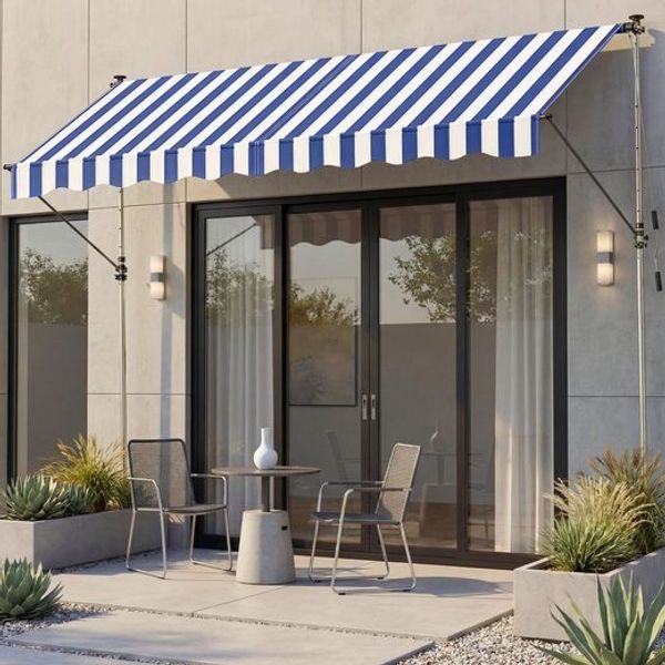 SONGMICS Klemmmarkise höhenverstellbar, Balkonmarkise mit Handkurbel, für Terrasse, Garten, 300 x 120 cm, blau-weiß