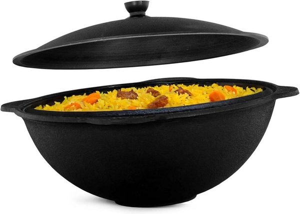 BIG-PAN Wok Gusseisen Kazan 12 L mit Deckel Feuertopf für Camping Grill Dutch Oven, (Feuertopf Schwenktopf Dutch Oven, Uzbekischer Kessel Namangan), asiatischer Topf für Plov Wok Eintöpfe