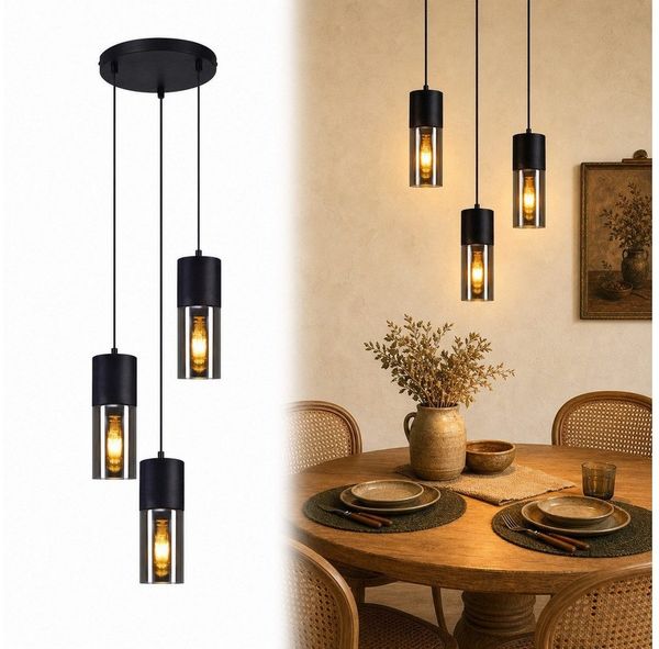 Nettlife Pendelleuchte Esszimmer Glas Vintage 3 flammig E27 Schwarz Retro Pendellampe, LED wechselbar, für Esstischen, Kücheninseln, Theken oder Bars